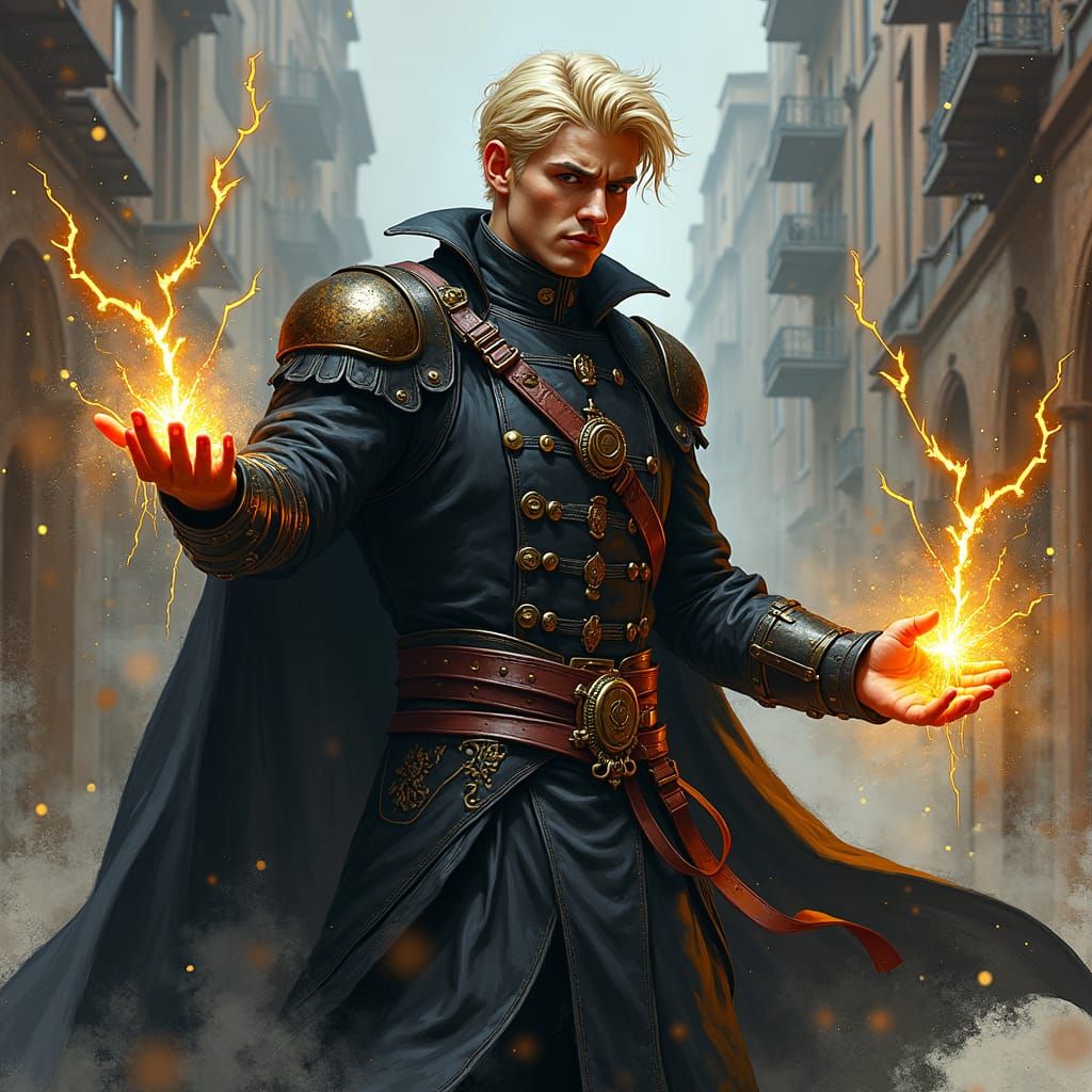 Steampunk Sorcerer Unleashes Lightning Magic in Gritty City