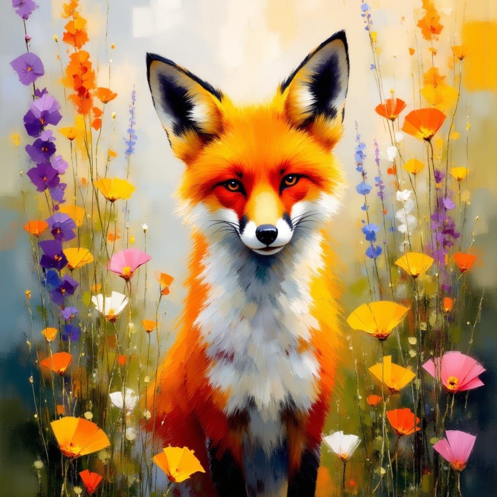 Impressionistic Fox Portrait in Vibrant Wildflowers