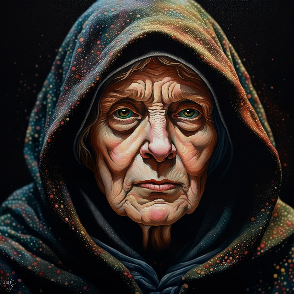 Pointillism portrait of an old woman in the style of Paul Signac