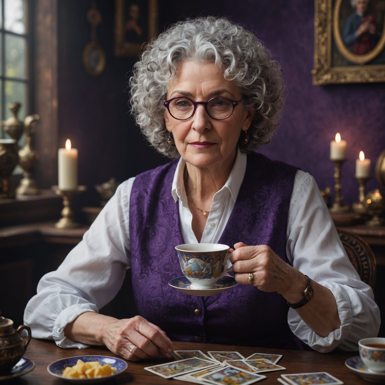 Older Woman Reading Tarot Cards: Detailed Matte Painting