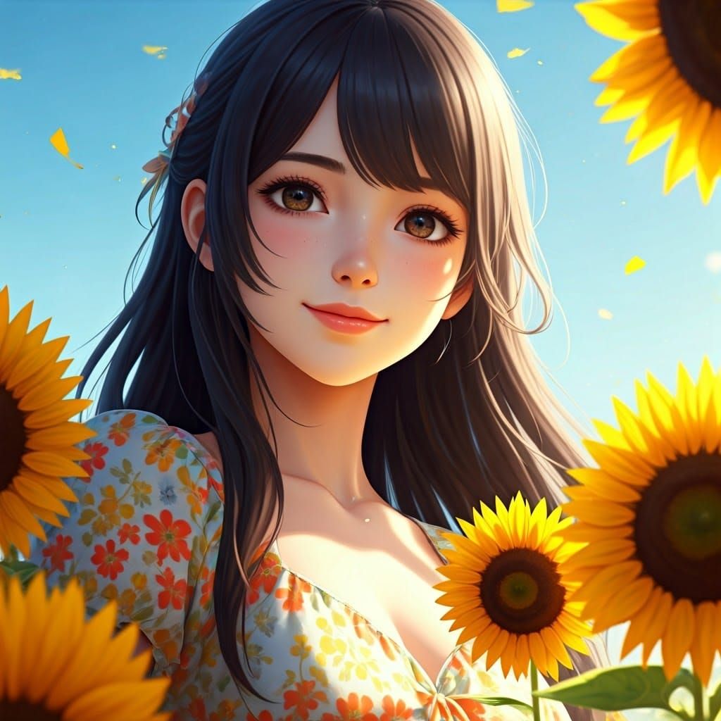 Vibrant Anime Girl Admires Sunflowers in Stunning 8k Macro