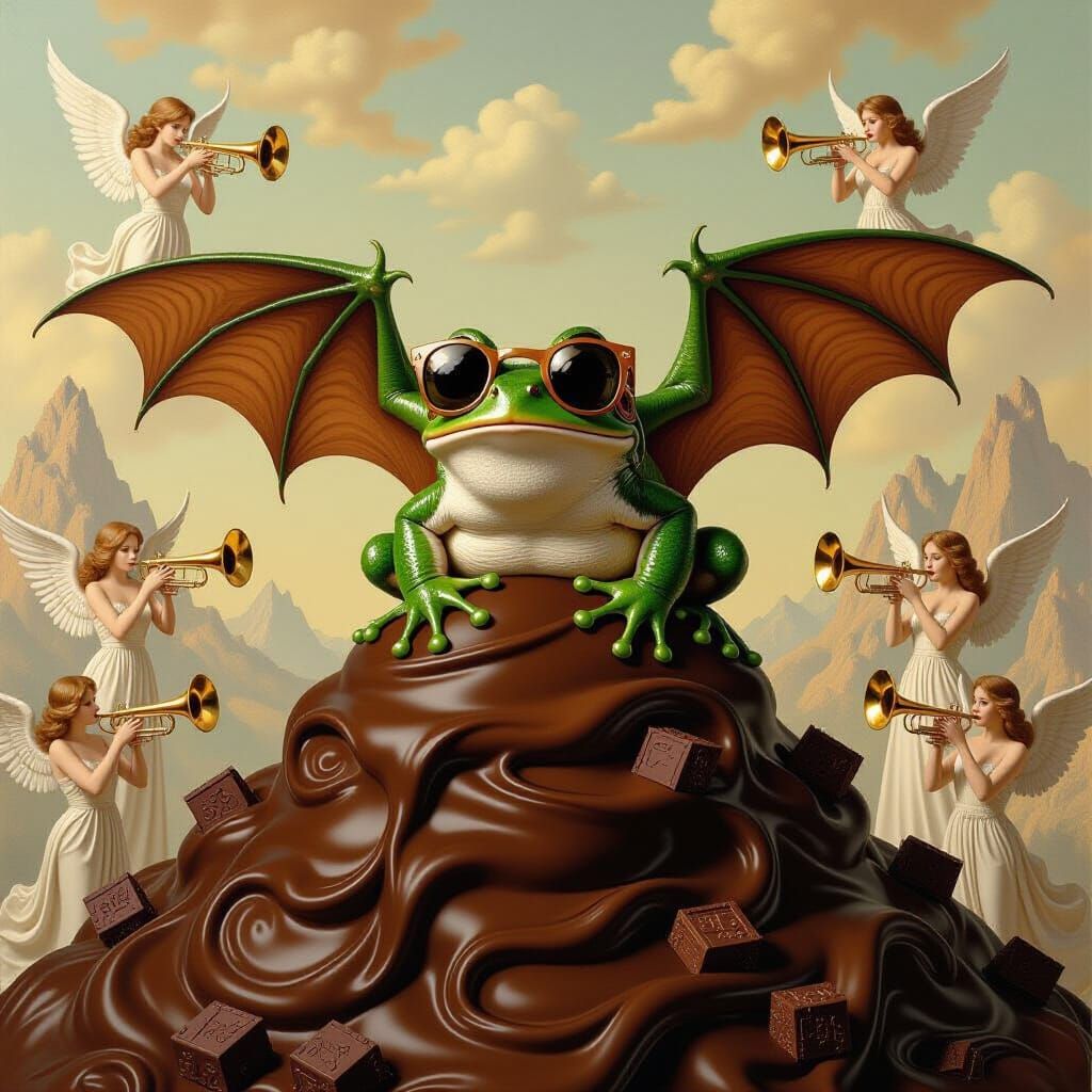 Bat-Winged Frog Flies Over Chocolate Mountain with Angels