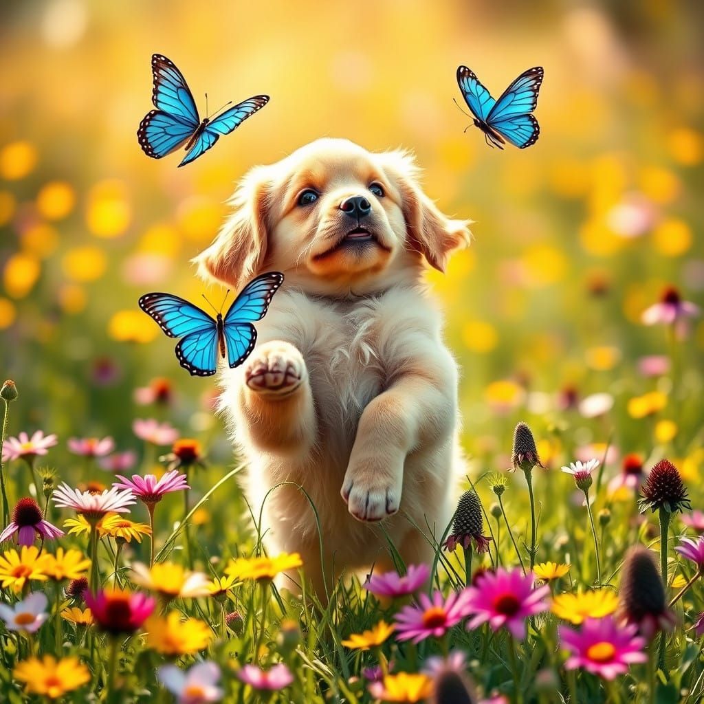 Golden Retriever Puppy Plays with Vibrant Butterfly in Idyll...