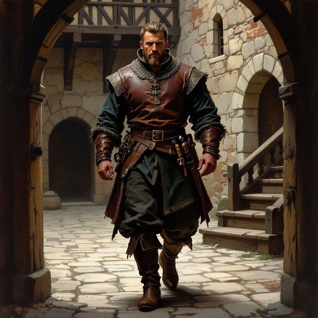 Medieval Lord Strides to Dungeon in Castle Courtyard