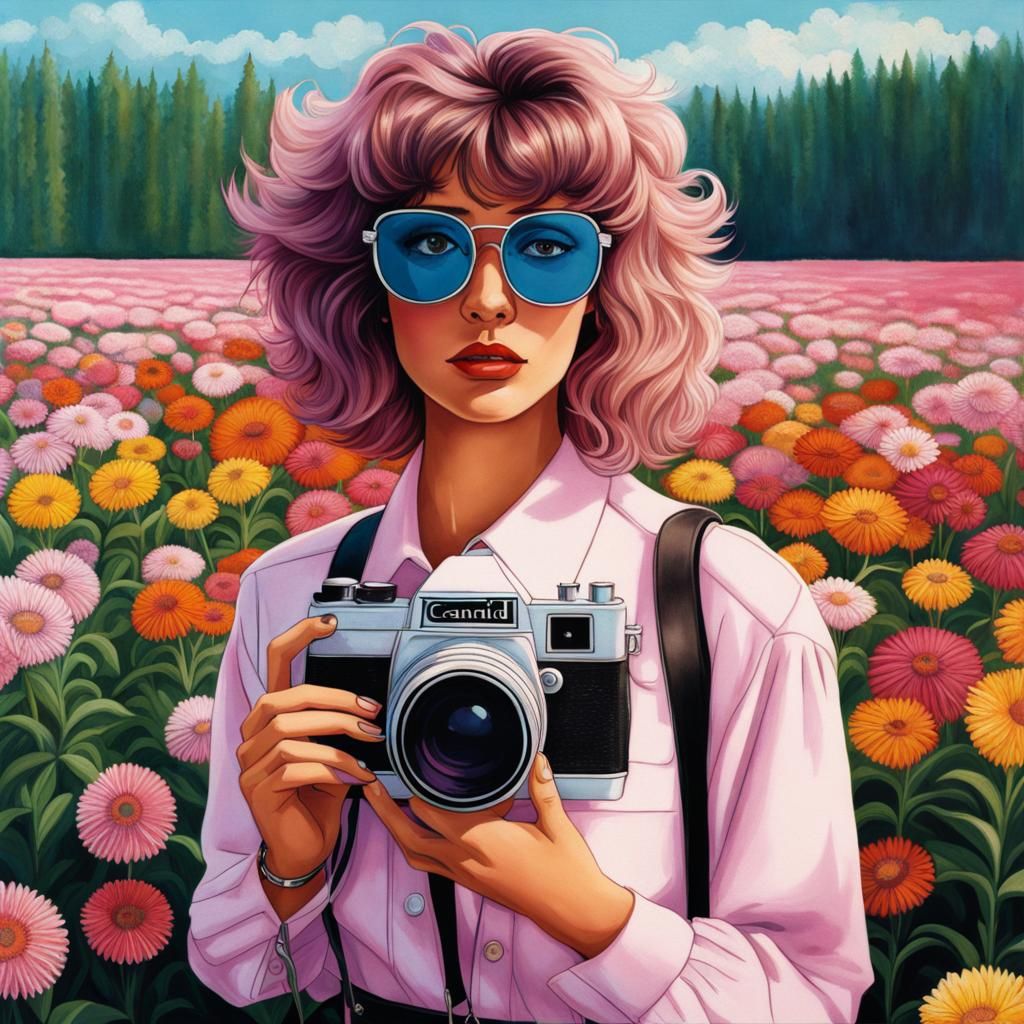 Hyperrealistic 80s Style Woman in Flower Field