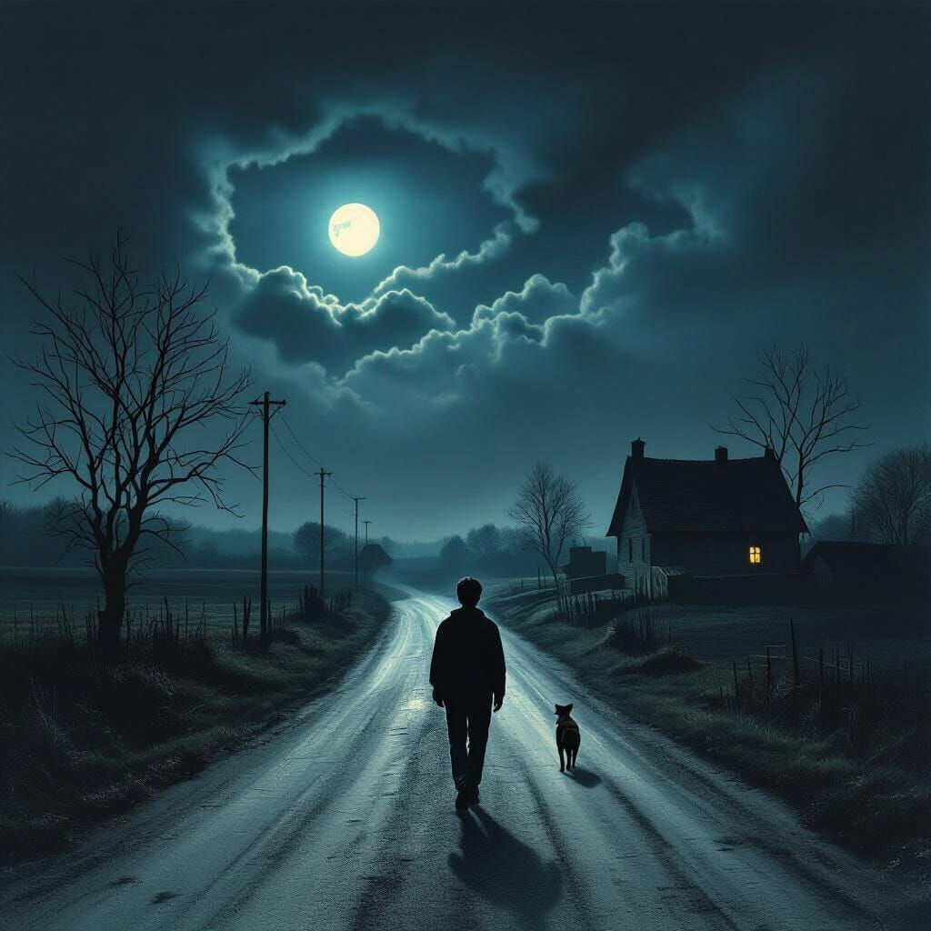 Eerie Night Walk: Dark Surrealist Village Scene
