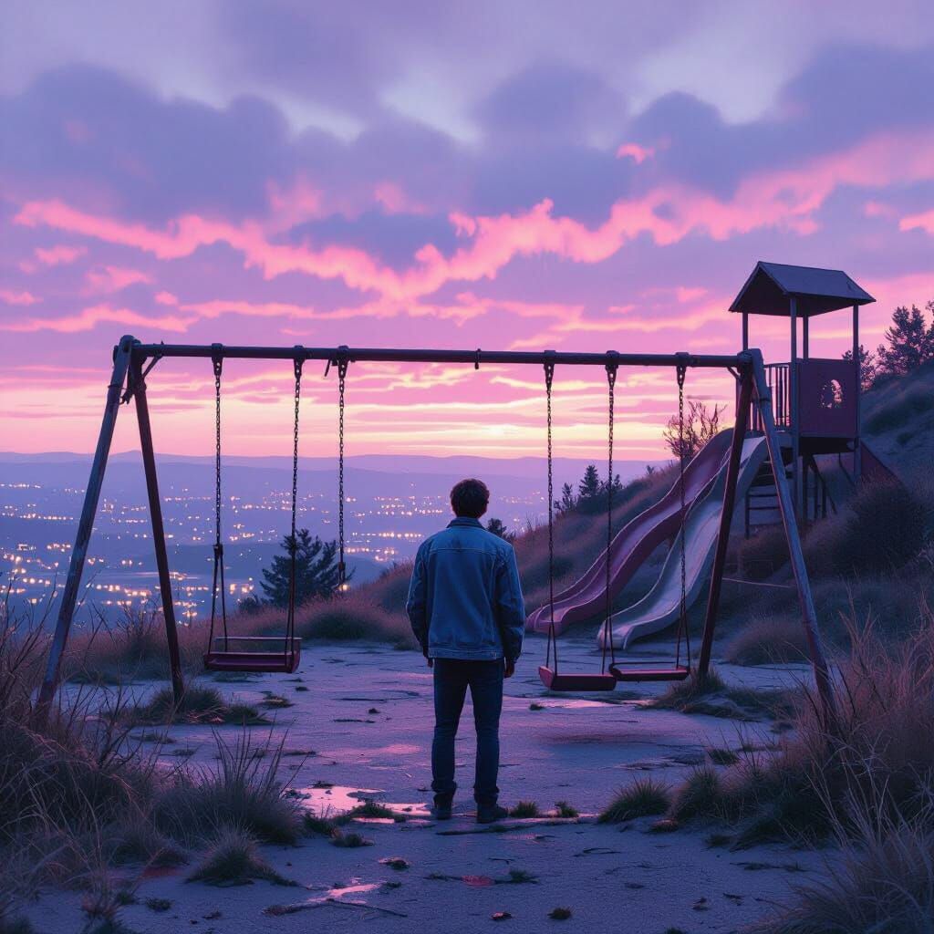 Overgrown Playground Under a Purple Sky