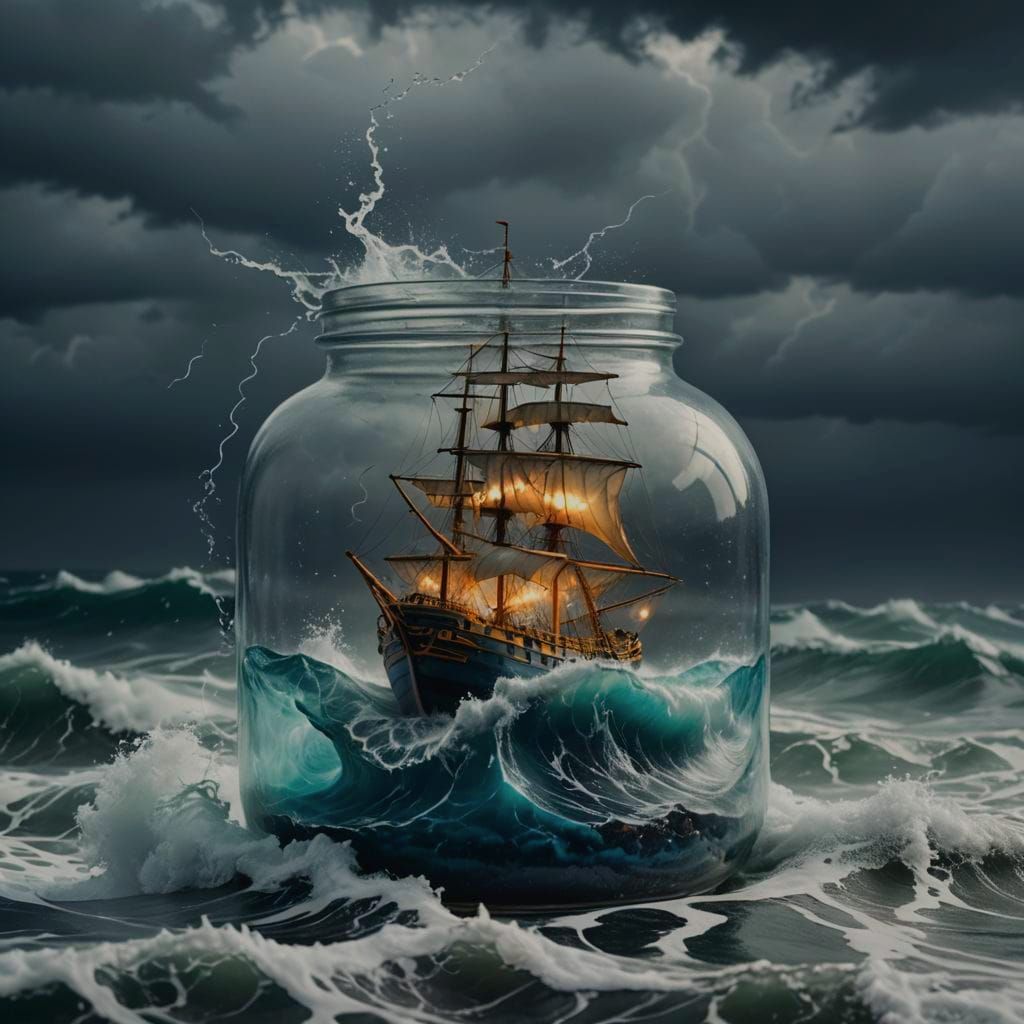 Ship and Ocean in Glass Jar Storm