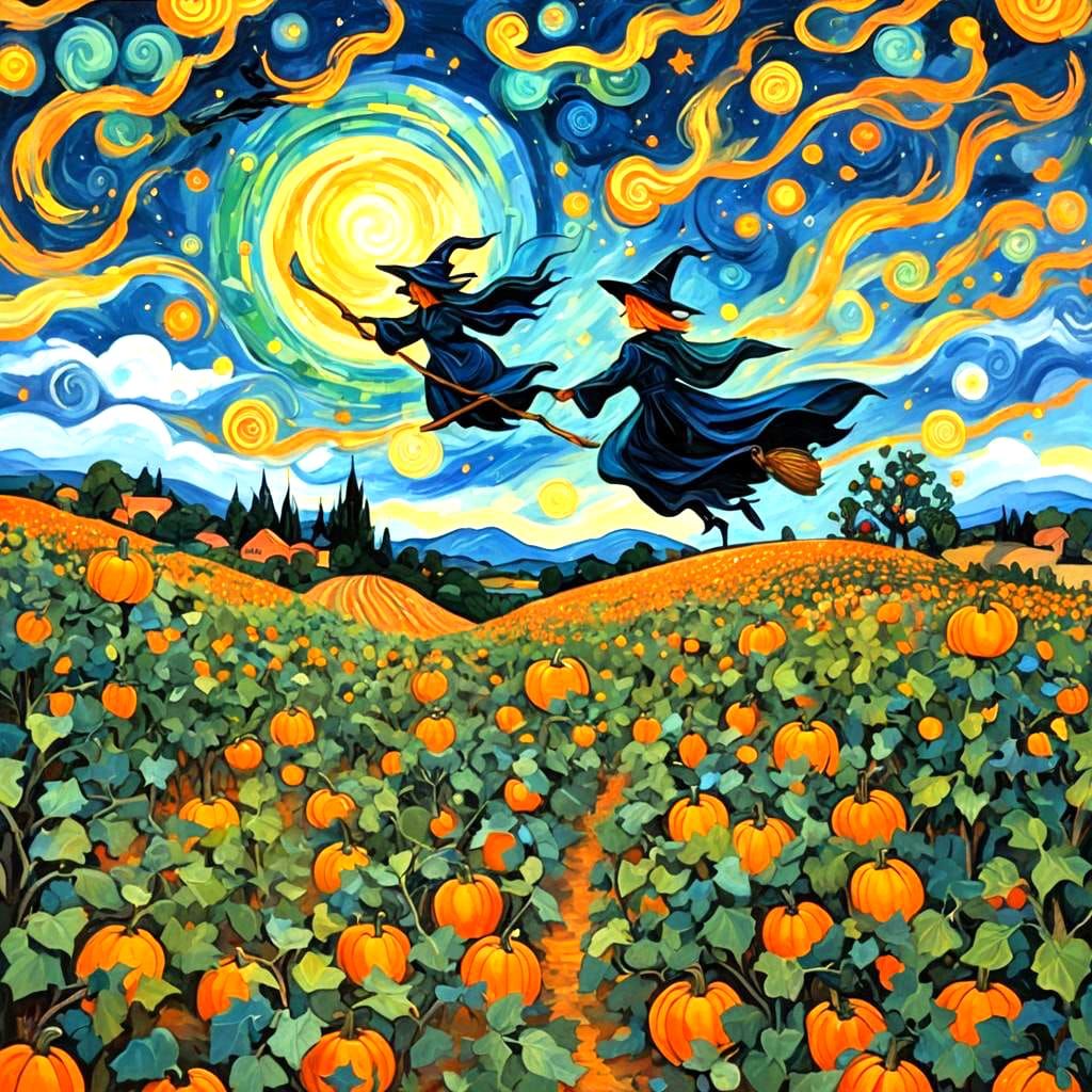 Abstract Witch Flying Over Pumpkin Patch