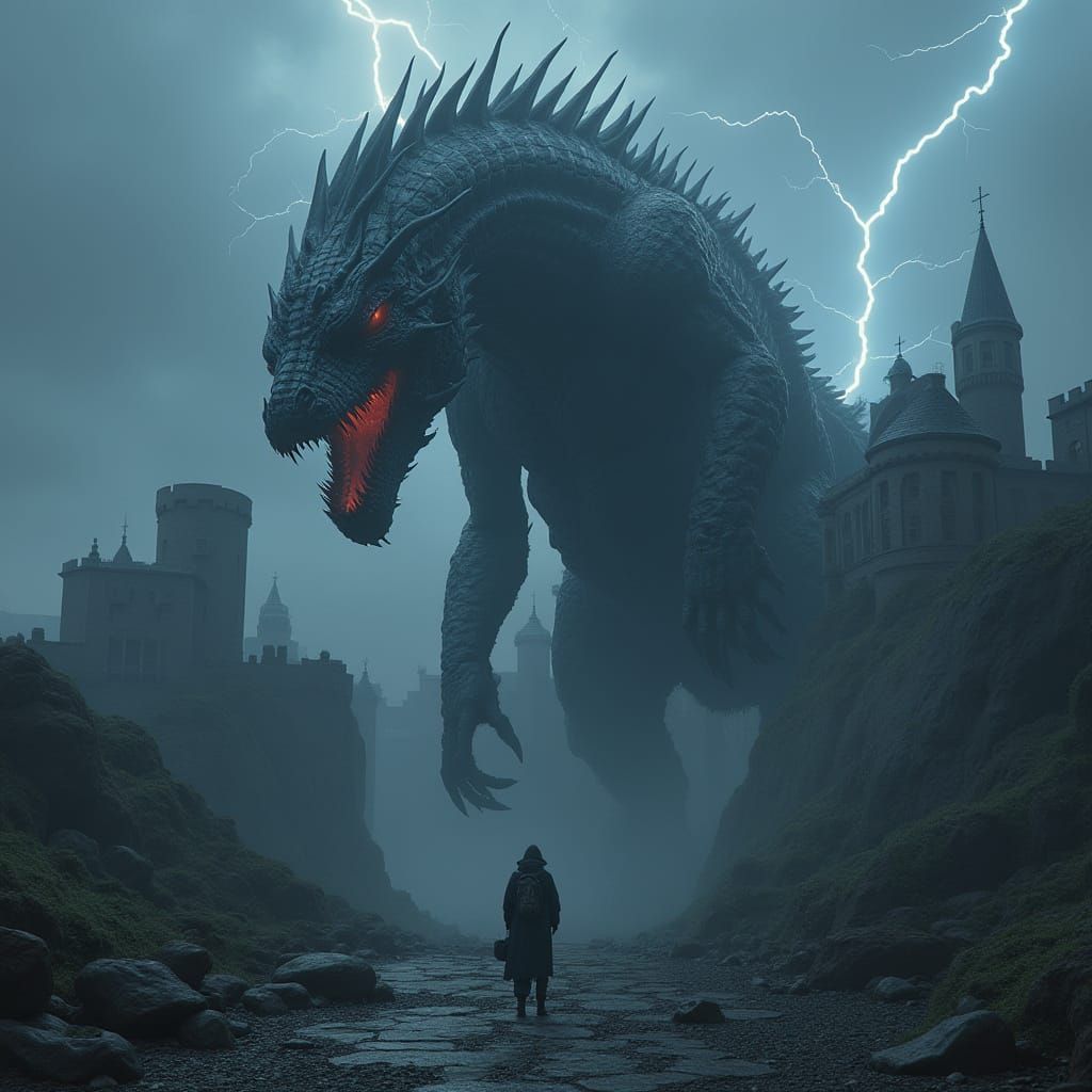 Futuristic Leviathan Devouring Castle in Sci-Fi Style