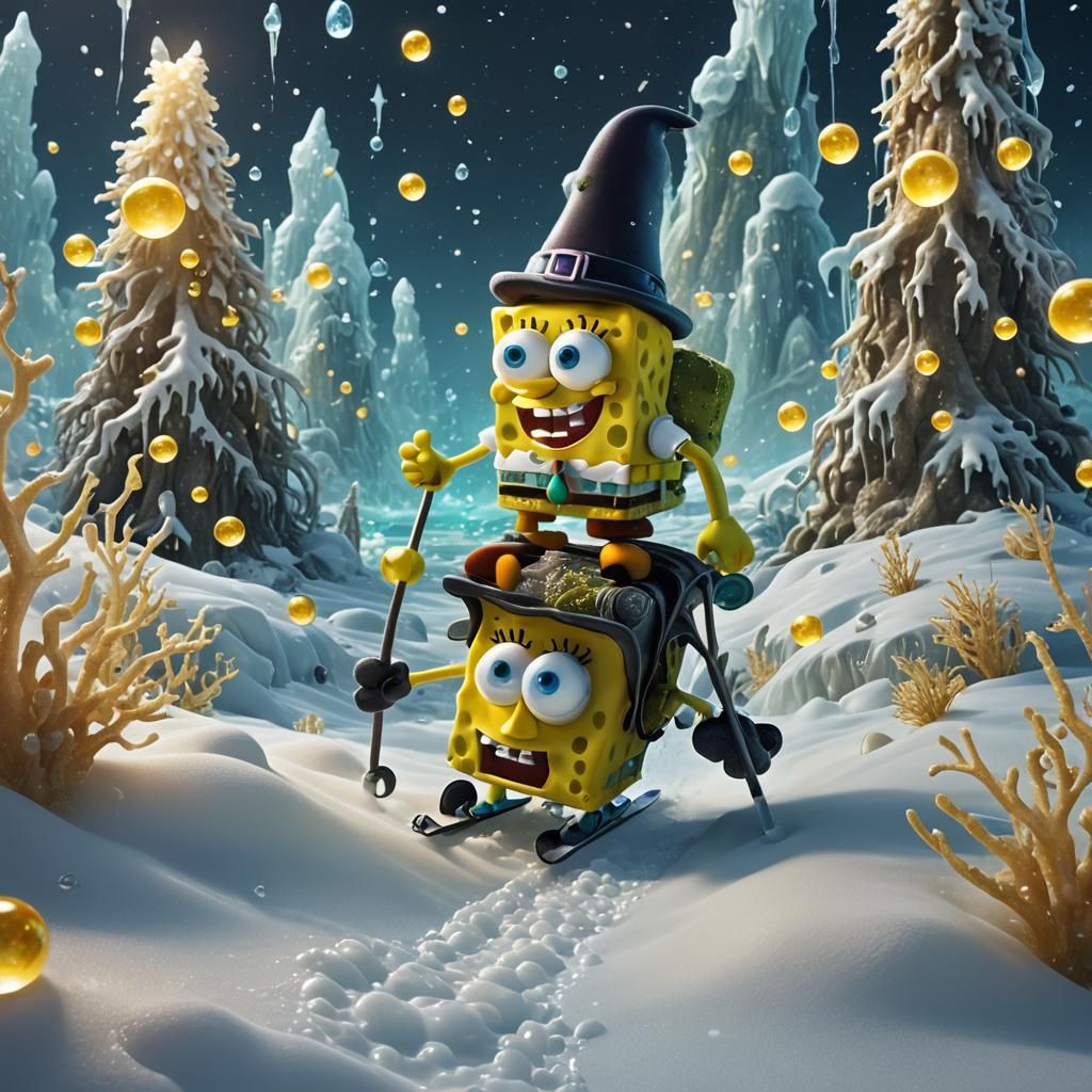 SpongeBob Skis Underwater Mountain: Vivid Digital Art