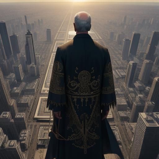 Hyperrealistic Father Time Flies Over People