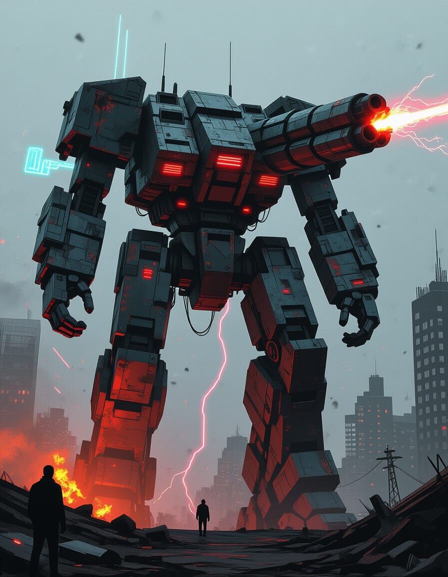 Colossal Mech in Smoldering City Ruins