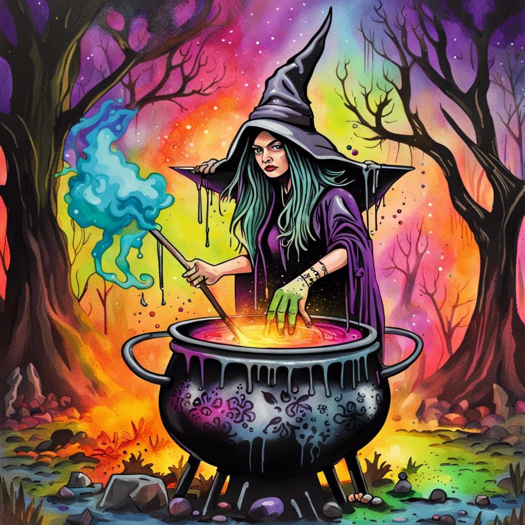 Whimsical Witch with Cauldron in Graffiti Art Style