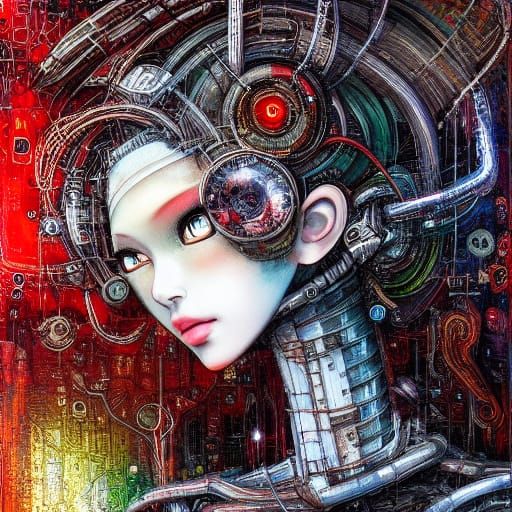 Red Robot in Greyscale Cyberpunk Tokyo City