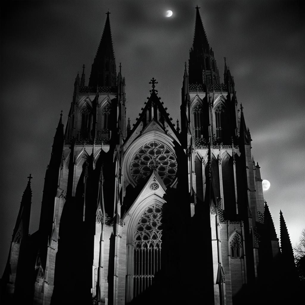 Gothic Cathedral at Night in Black and White Film