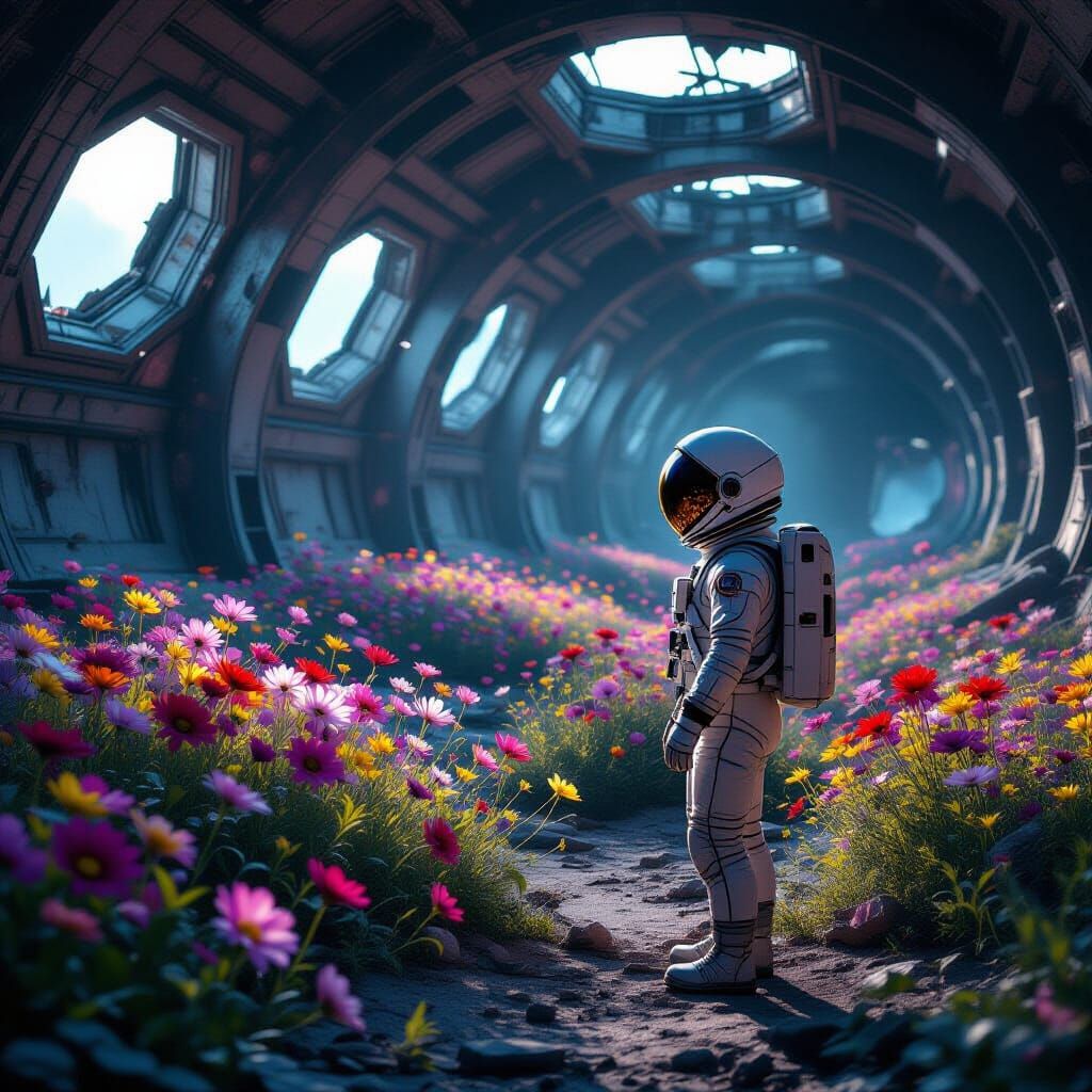 Astronaut in Alien Garden Amidst Space Station Ruins