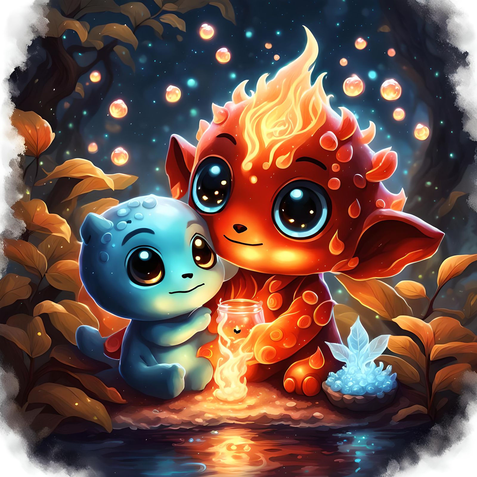 Cute Elementals Cuddle in Magical Night Scene