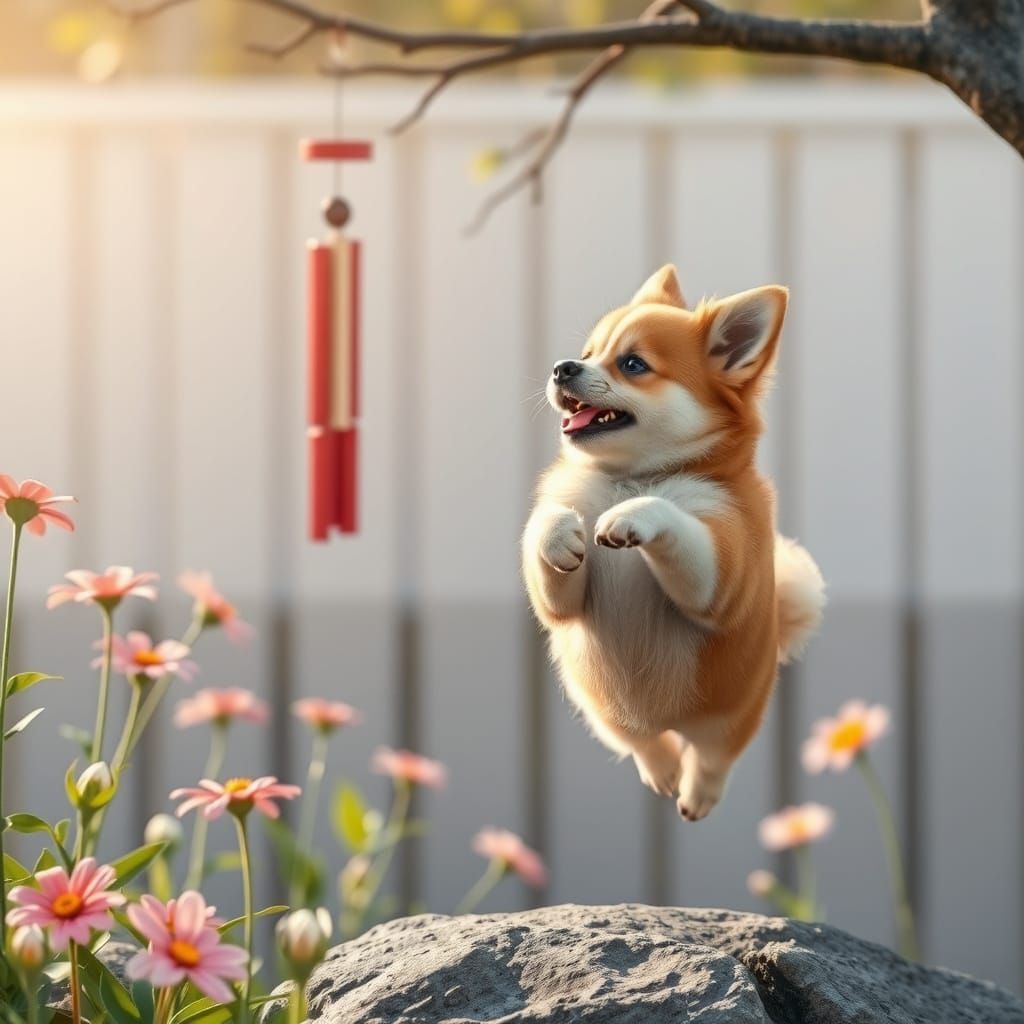 Chibi Dog Dancing in Spring Garden