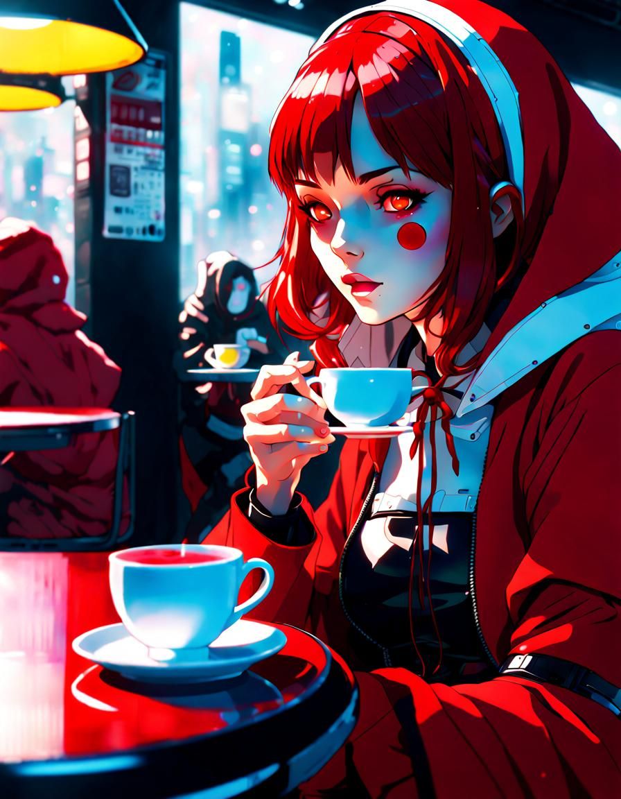 Cyberpunk Little Red Riding Hood at Cafe