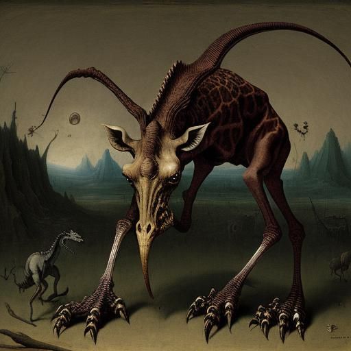 Sinister Giraffe Monster Inspired by Hieronymus Bosch