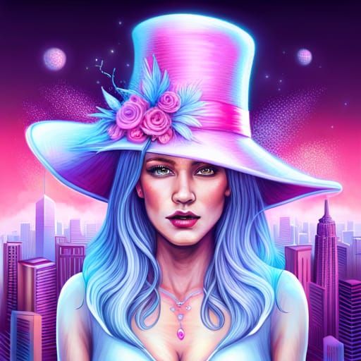 Woman with City Top Hat in Synthwave Style