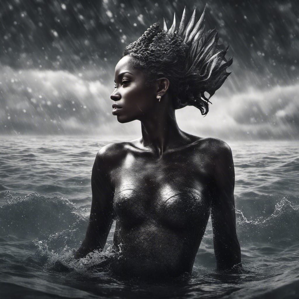 Hyperrealistic Black Mermaid with Fin, HDR