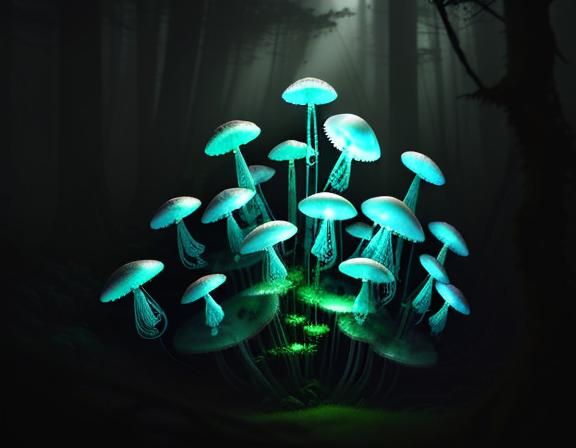 Mystical Forest: Giant Jellyfish and Glowing Toadstools
