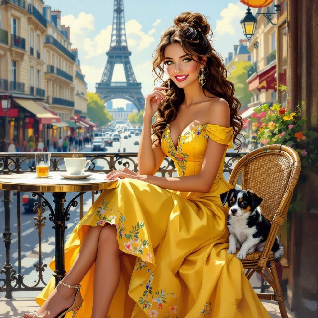 Beautiful detailed airbrush, a young, smiling woman, very elegant, long curly auburn hair raised in a bun, green eyes, d...