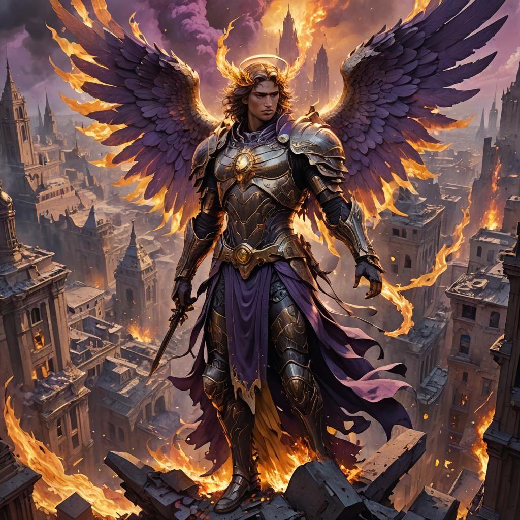 Flaming Archangel in War-Torn Cityscape