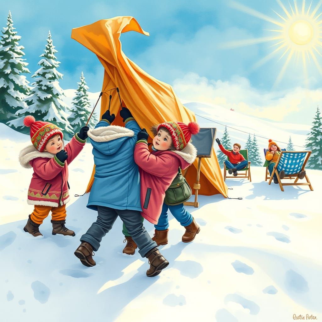 Children Struggle to Set Up Tent on Winter Wonderland Day