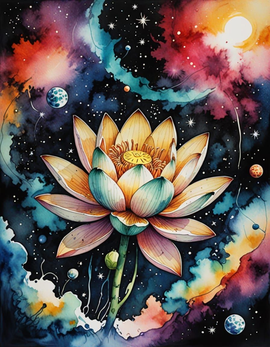 Cosmic Lotus Blooms in Vibrant Space