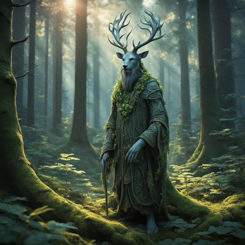 Mystical Finnish Forest Spirit in Serene Hyperborean Sunrise