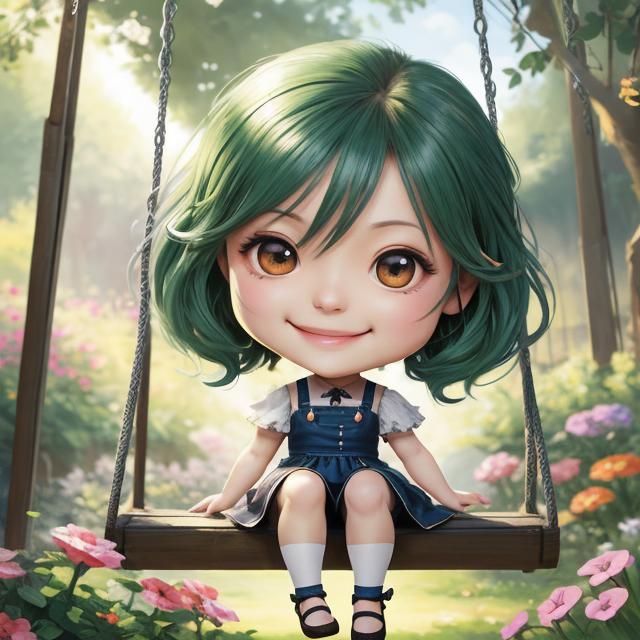 Smiling Chibi Girl on a Swing in Hyperrealistic Style