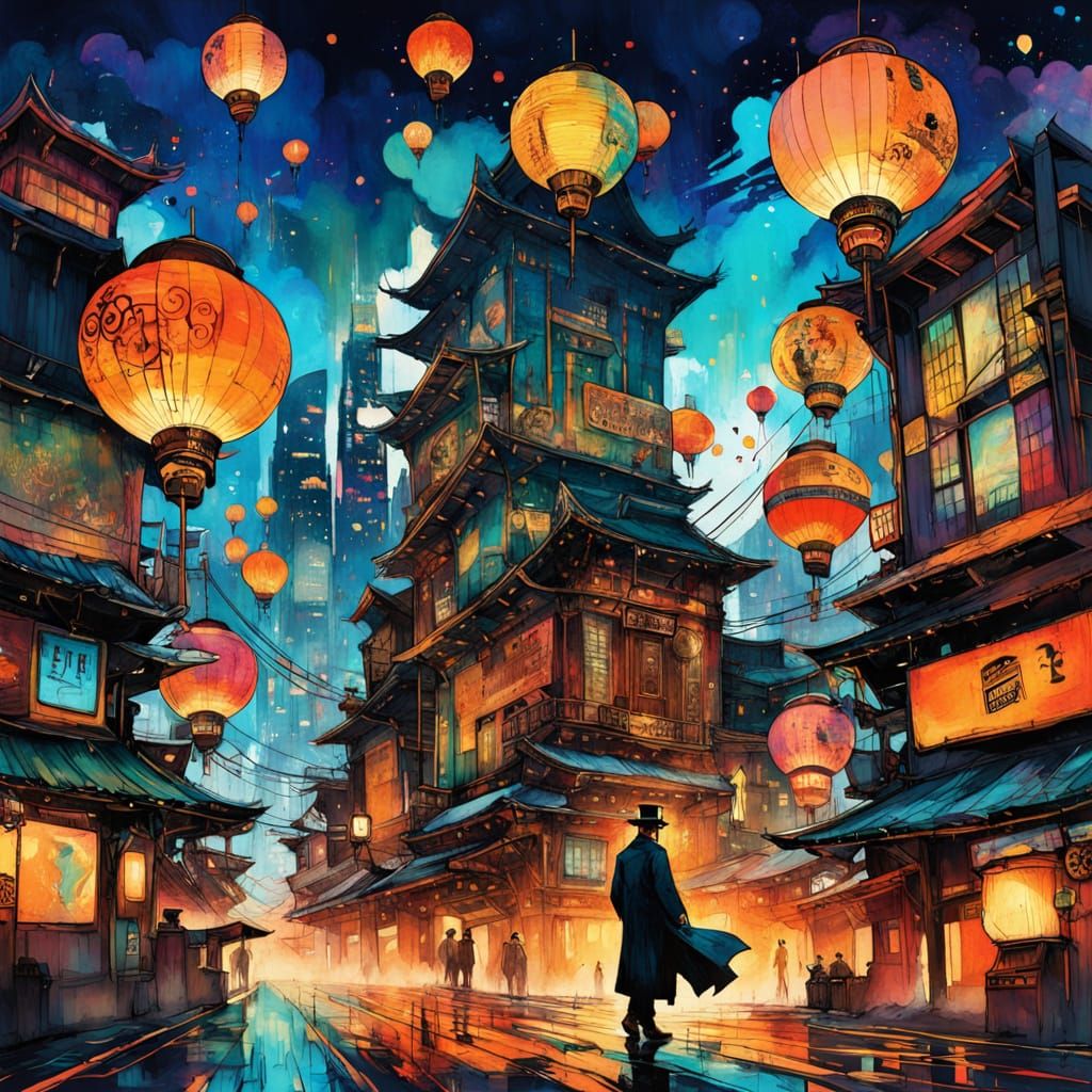 Whimsical Steampunk Cityscape at Dusk