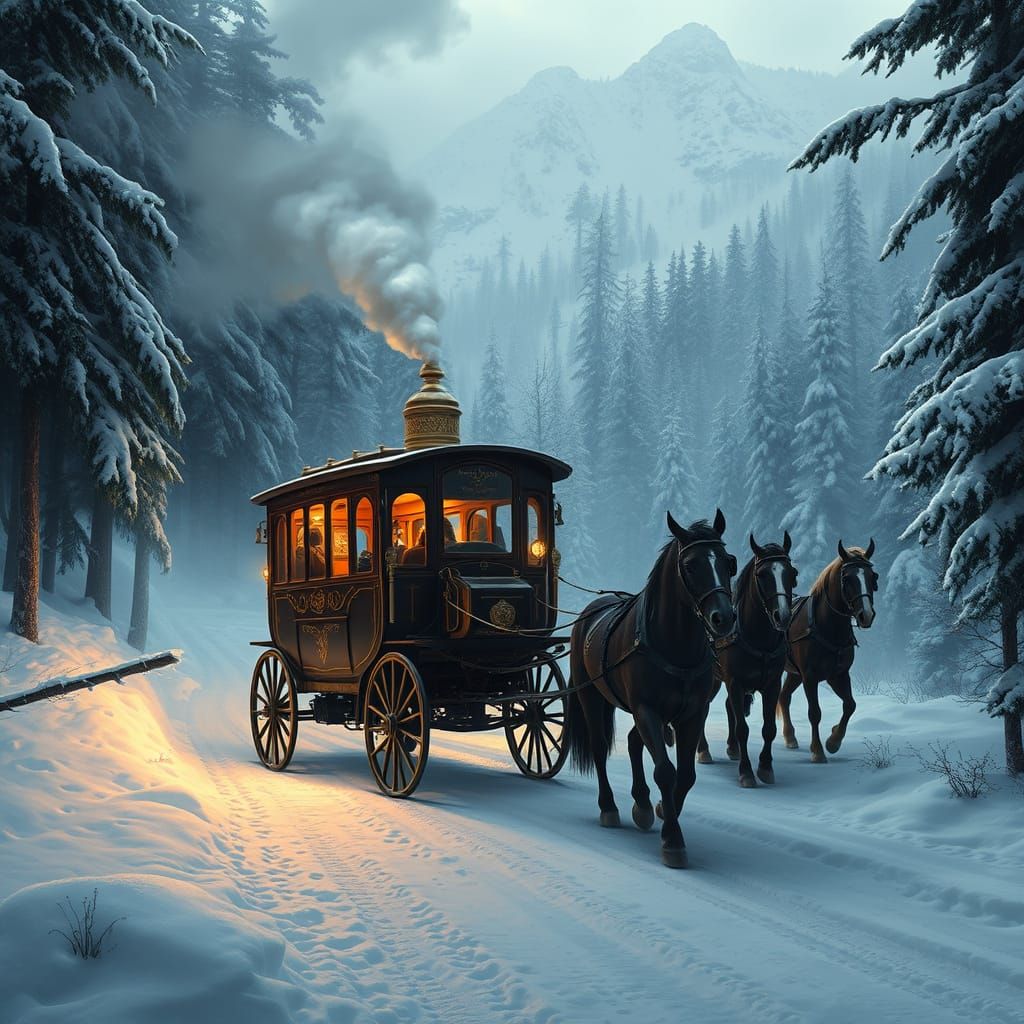 Victorian Steam Carriage in Snowy Mountain Pass