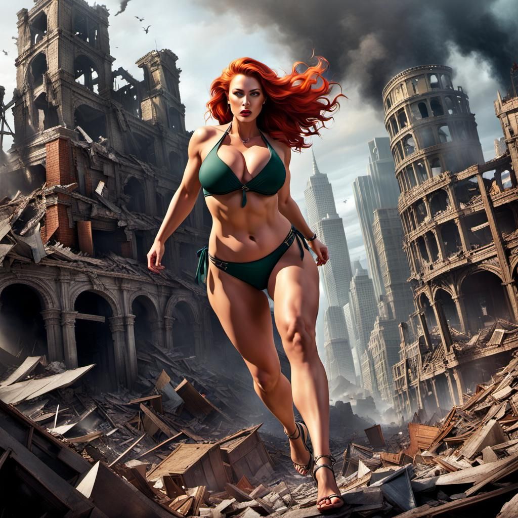Rampaging Giantess in Ruined City, Fantasy Art