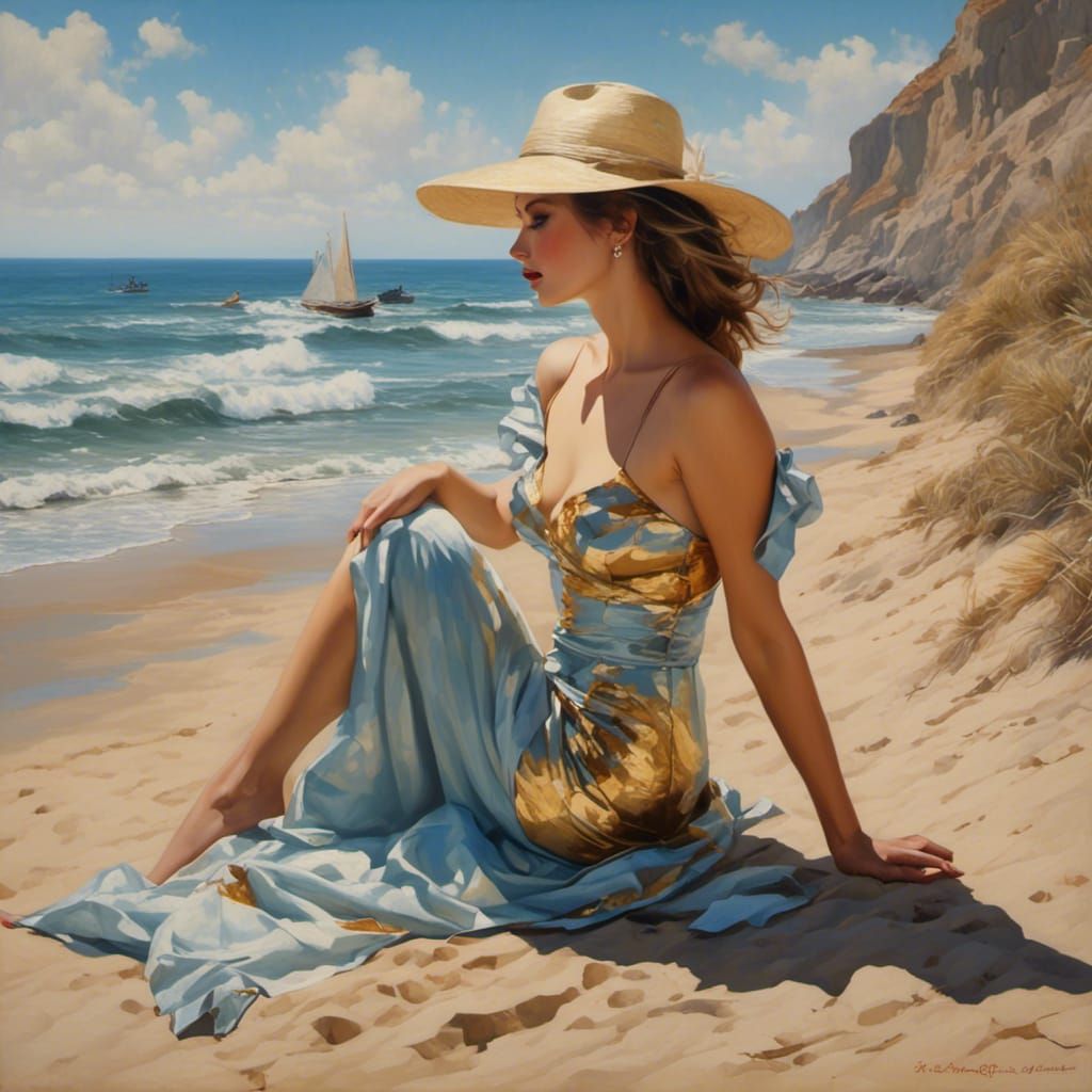 Surreal Collage: Woman Walking on Starry Beach