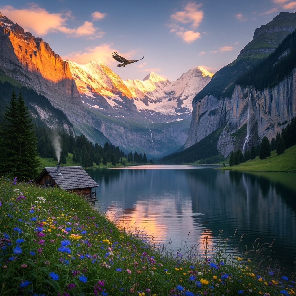 Swiss Alps Sunrise Over Alpine Lake with Golden Eagle