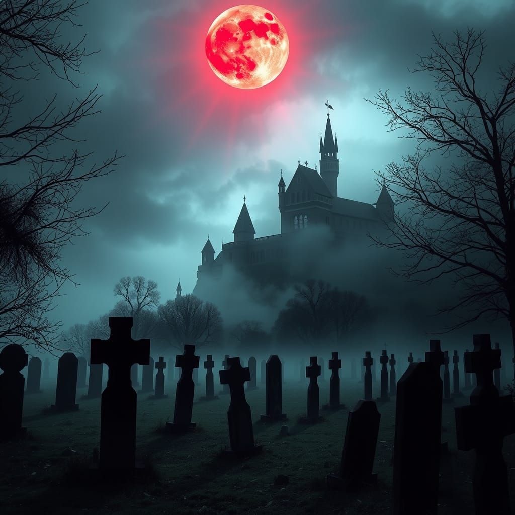 Spooky Cemetery and Horror Castle Under Blood Moon