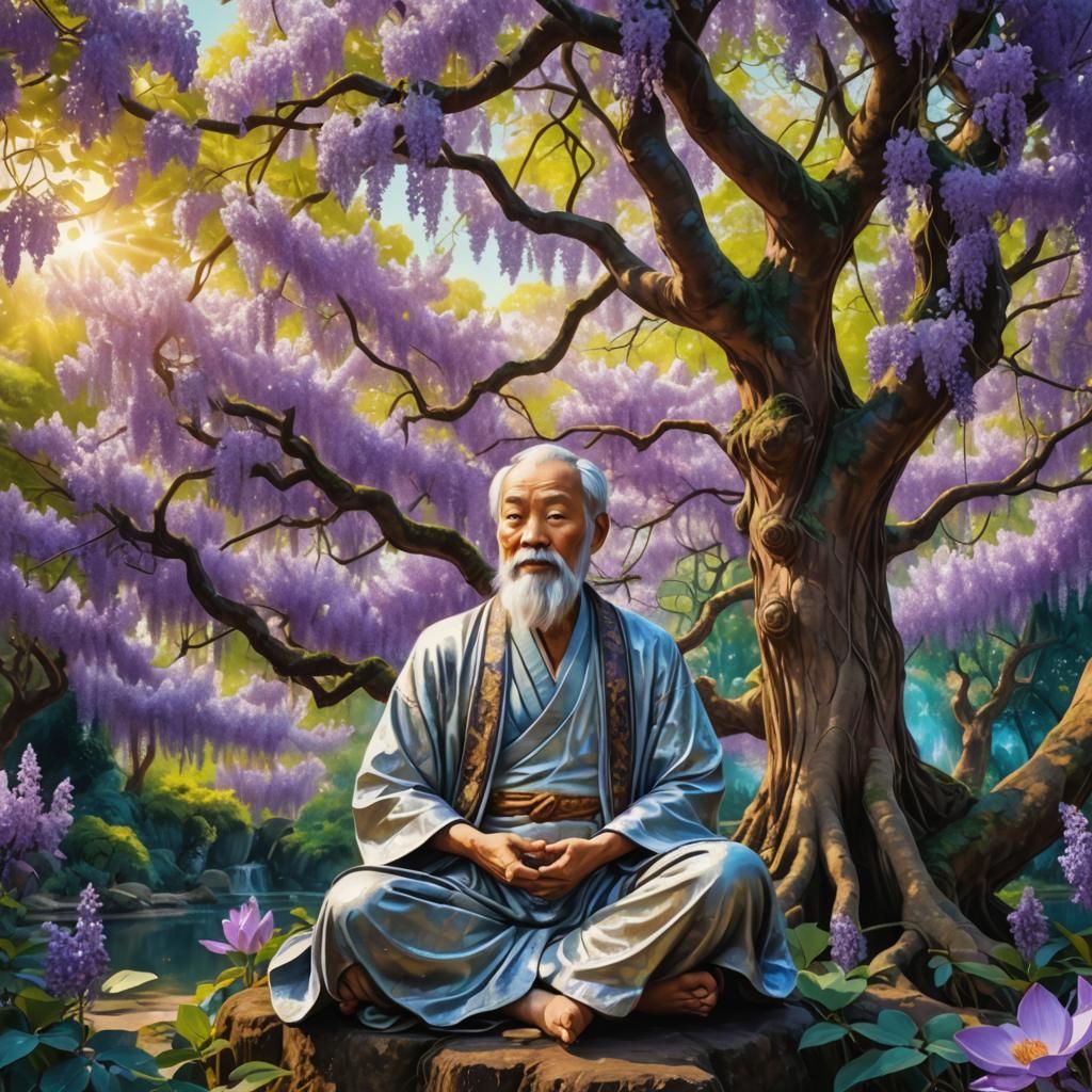 Lao Tzu Meditating Under Wisteria Tree