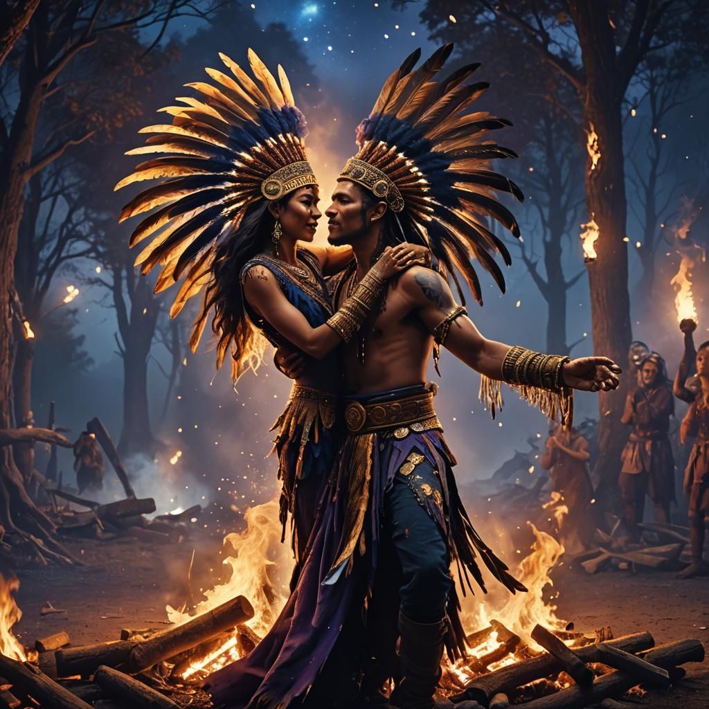 Mohican Couple Dancing Under Starry Night Sky
