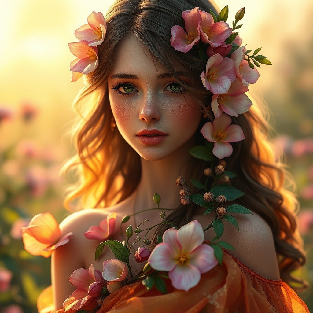 Fantasy Flower Girl Art Nouveau Portrait in Summer