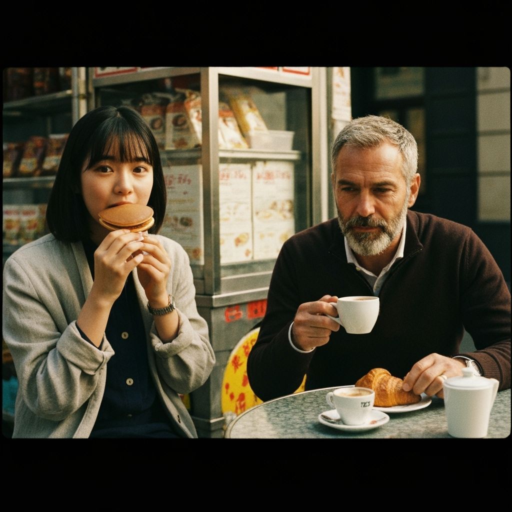 Japanese Girl Eats Dorayaki Beside Italian Man Sipping Espre...