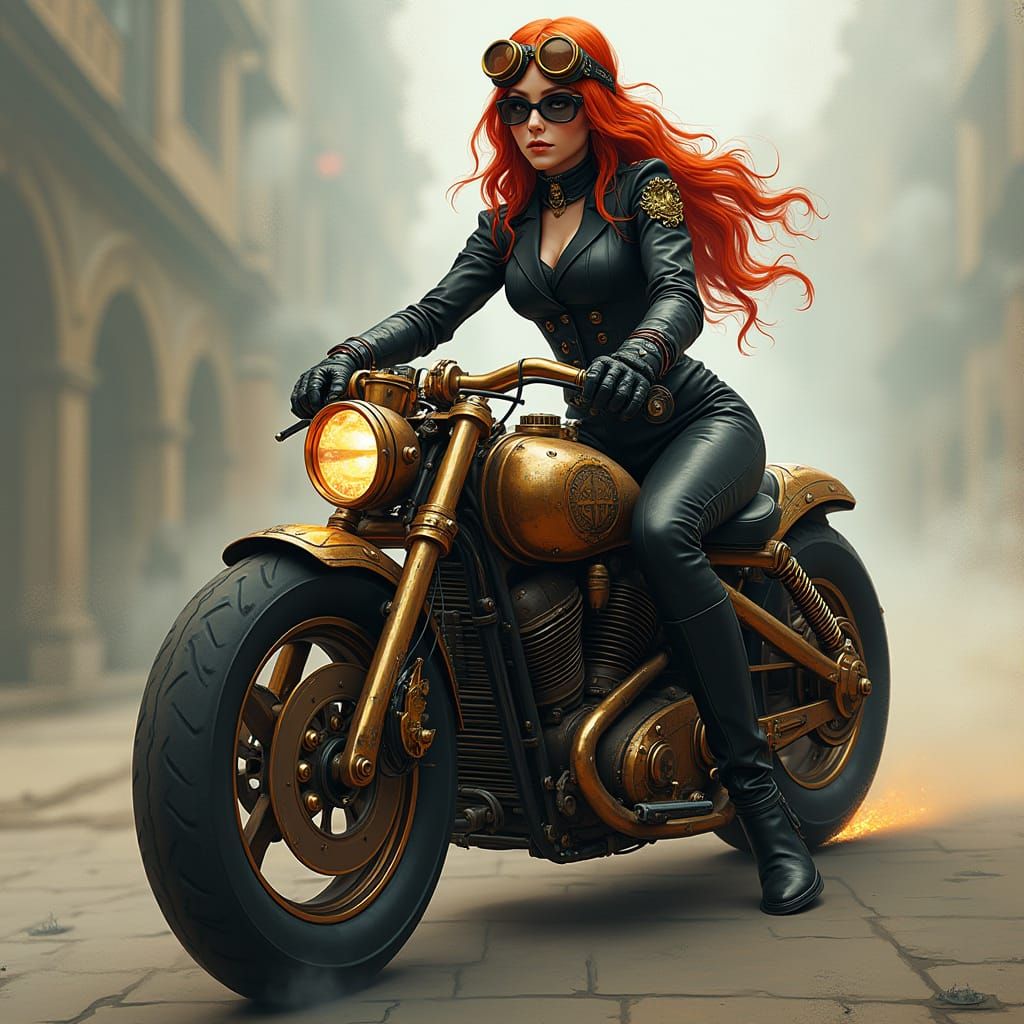 Steampunk Redhead Officer on Ornate Motorcycle