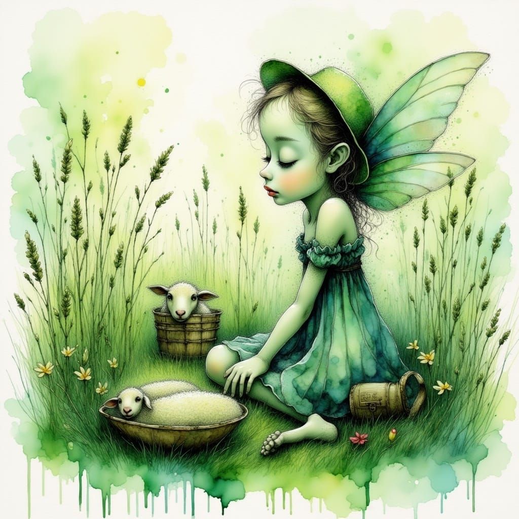 Whimsical Fairy Feeding a Sheep in a Charcoal and Green Spla...