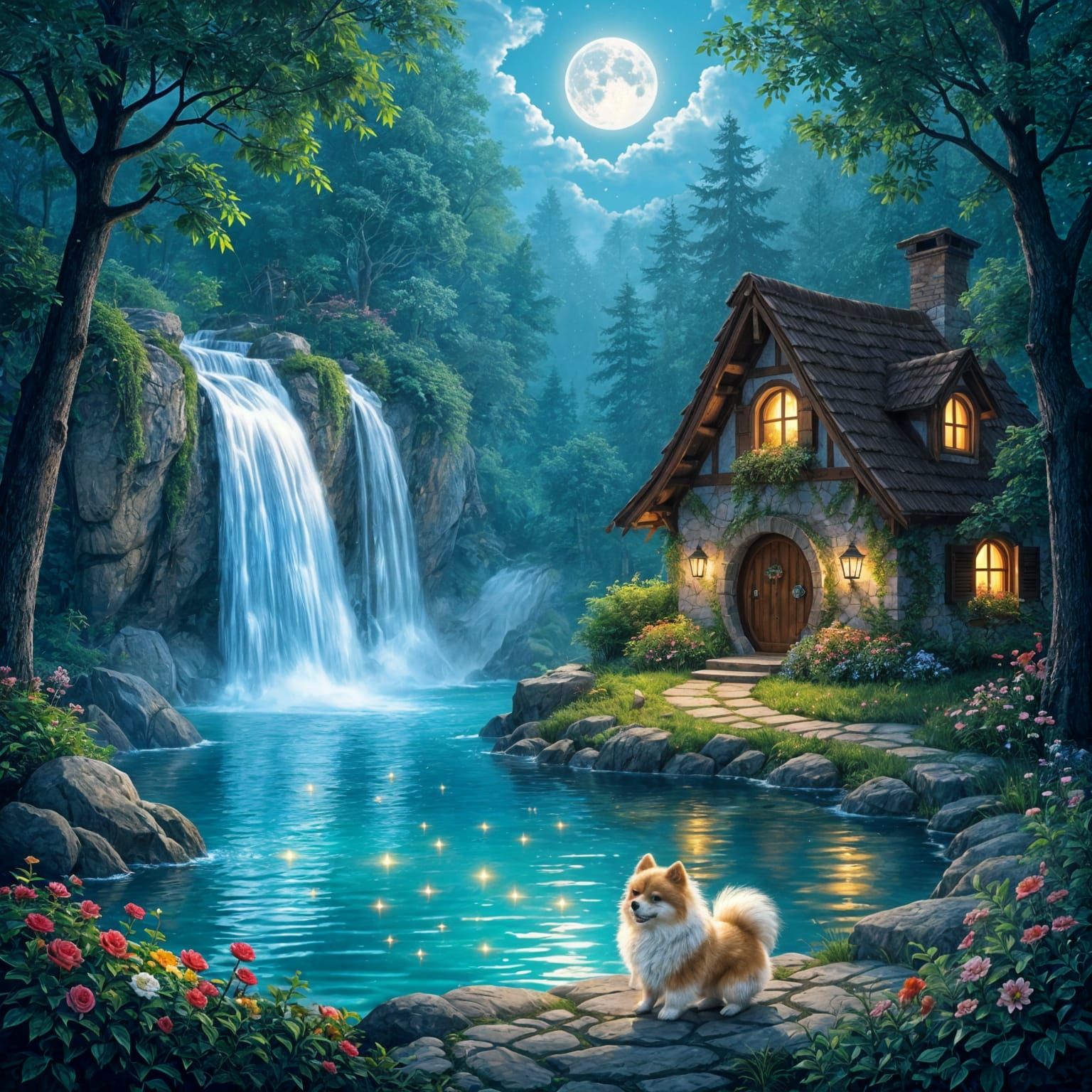 Waterfall Cottage With Puppy and Fireflies