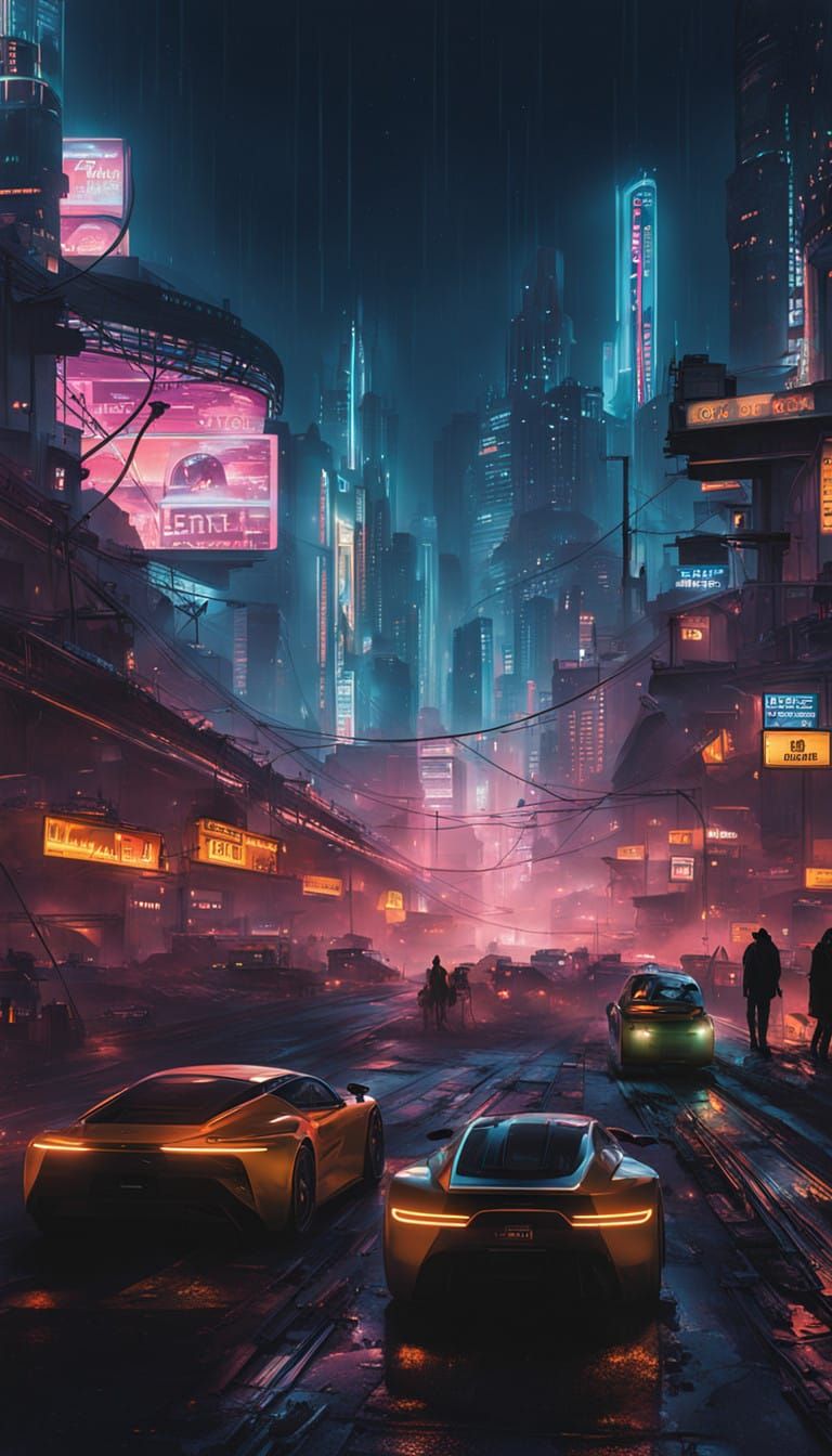 Dystopian Cyberpunk Cityscape in Neon Lights