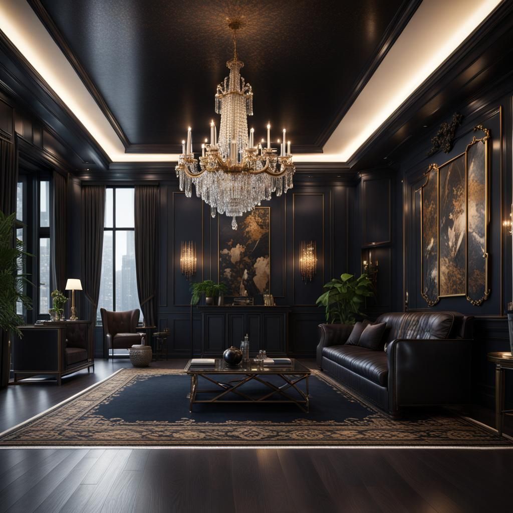 Modern Dark Office with Crystal Chandelier: Digital Painting