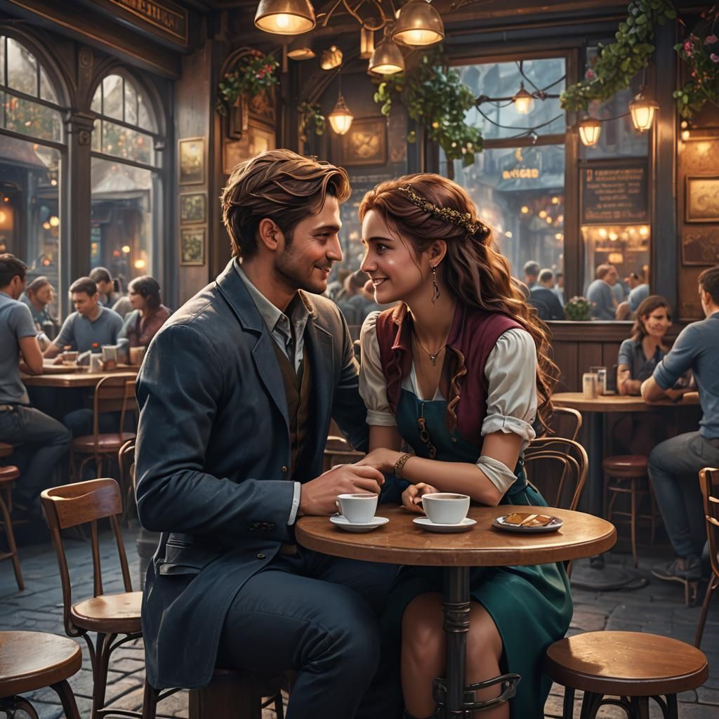 Romantic Couple in Cafe: Fantasy Concept Art